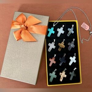Assorted 12 gemstone Crosses with necklace and Gift Box